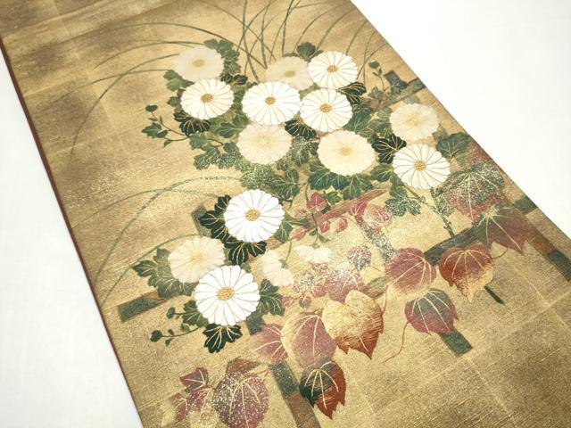 平和屋着物●中国三大刺繍 相良刺繍 太鼓柄袋帯 紬地 菊 金彩 正絹 逸品 CABI8834hy