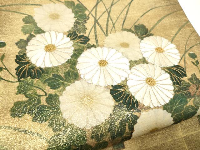 平和屋着物●中国三大刺繍 相良刺繍 太鼓柄袋帯 紬地 菊 金彩 正絹 逸品 CABI8834hy