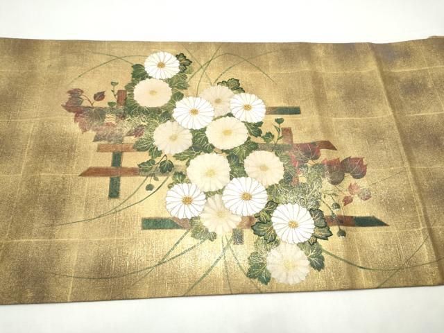平和屋着物●中国三大刺繍 相良刺繍 太鼓柄袋帯 紬地 菊 金彩 正絹 逸品 CABI8834hy