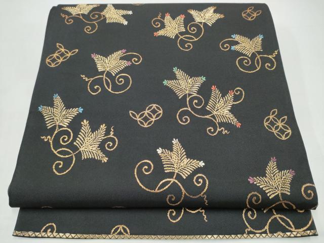 平和屋着物●六通柄 本袋帯 あけぼの繭 松葉唐草文 黒地 金糸 正絹 逸品 CABI8859hy