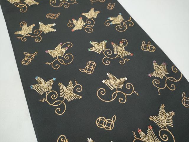 平和屋着物●六通柄 本袋帯 あけぼの繭 松葉唐草文 黒地 金糸 正絹 逸品 CABI8859hy