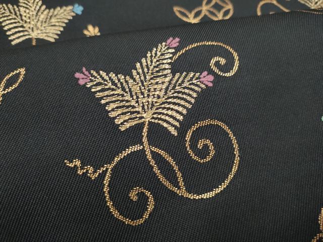 平和屋着物●六通柄 本袋帯 あけぼの繭 松葉唐草文 黒地 金糸 正絹 逸品 CABI8859hy