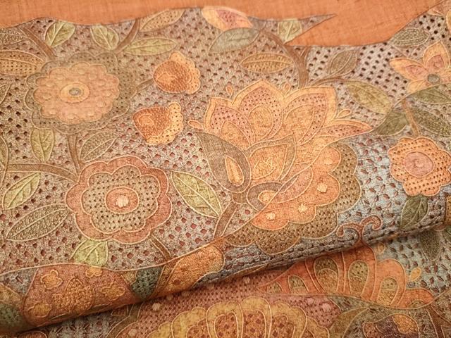 平和屋着物●中国三大刺繍 スワトウ相良刺繍 総刺繍 太鼓柄袋帯 紬地 更紗花唐草文 正絹 逸品 CABI8870hy