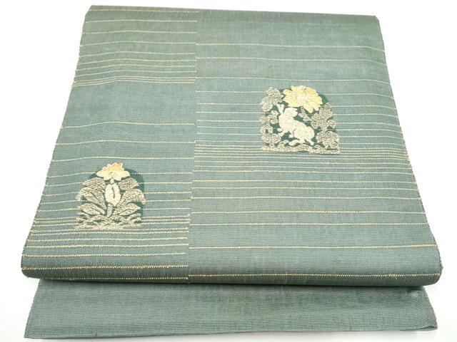 平和屋着物●太鼓柄袋帯 駒刺繍 黄金繭 花兎 金糸 正絹 逸品 CABI8892hy