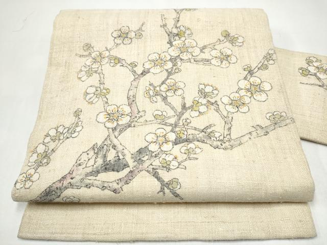 平和屋着物●九寸名古屋帯 手描き 紬地 枝梅文 正絹 逸品 CABI8895hy