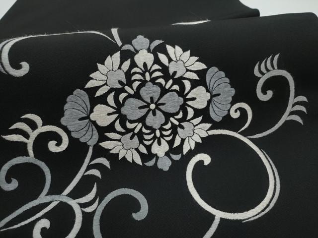 平和屋着物●塩瀬 九寸名古屋帯 総刺繍 花唐草文 黒地 正絹 逸品 CABI8911hy