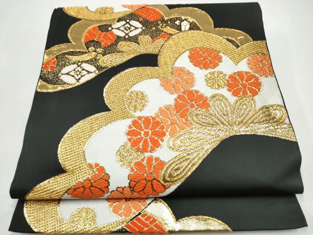 平和屋着物●西陣 川島織物 六通柄 本袋帯 草花文 黒地 金糸 正絹 逸品 CABI8915hy