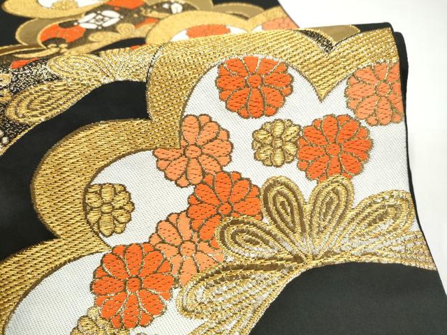 平和屋着物●西陣 川島織物 六通柄 本袋帯 草花文 黒地 金糸 正絹 逸品 CABI8915hy