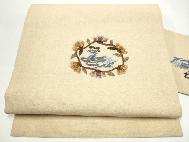 平和屋着物●中国三大刺繍 総相良刺繍 九寸名古屋帯 紬地 動物花文 正絹 逸品 CABI8944hy