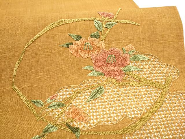 平和屋着物●中国三大刺繍 スワトウ相良刺繍 総刺繍 九寸開き名古屋帯 紬地 雲重ね枝椿 正絹 逸品 CABI8949hy