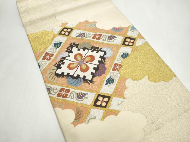 平和屋着物●爪掻き本綴れ つけ帯 雲重ね花文 金糸 正絹 逸品 CABI8955hy