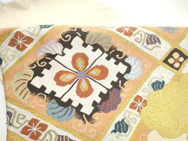 平和屋着物●爪掻き本綴れ つけ帯 雲重ね花文 金糸 正絹 逸品 CABI8955hy