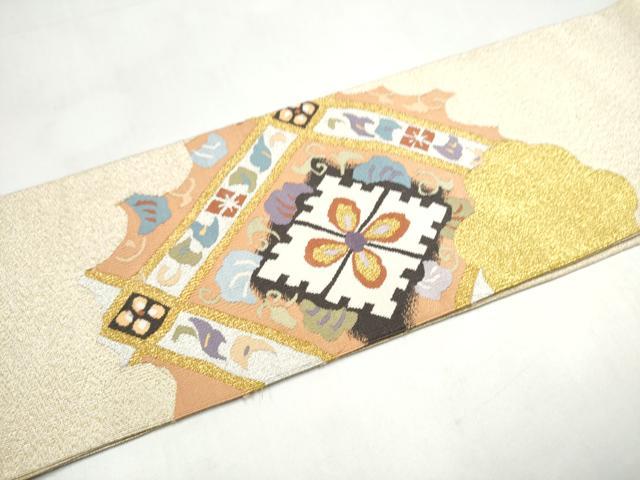 平和屋着物●爪掻き本綴れ つけ帯 雲重ね花文 金糸 正絹 逸品 CABI8955hy