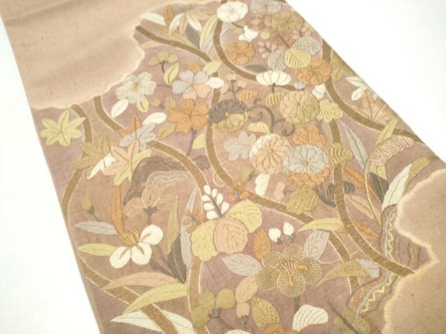 平和屋着物●太鼓柄袋帯 紬地 総刺繍 立涌花文 金糸 やまと誂製 正絹 逸品 CABI8963hy