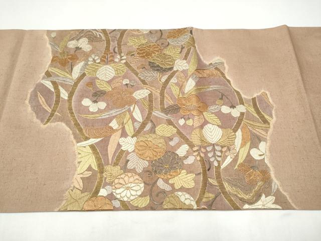 平和屋着物●太鼓柄袋帯 紬地 総刺繍 立涌花文 金糸 やまと誂製 正絹 逸品 CABI8963hy