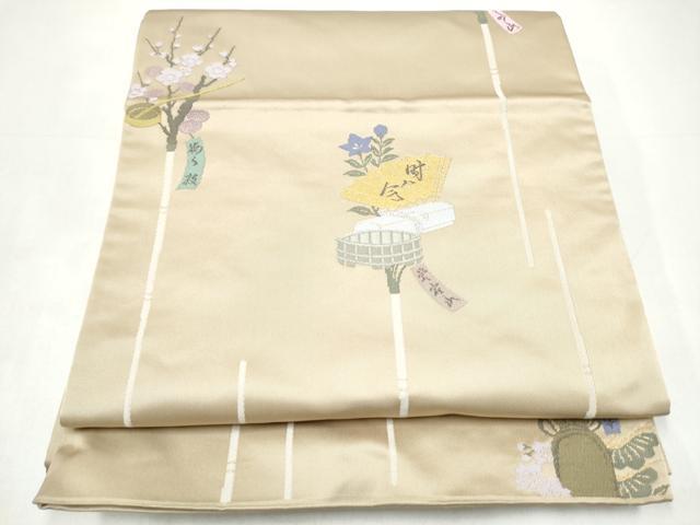 平和屋着物●世界的人形師 辻村寿三郎 ジュサブロー 六通柄袋帯 檜扇枝梅文 金銀糸 正絹 逸品 CABI8981hy
