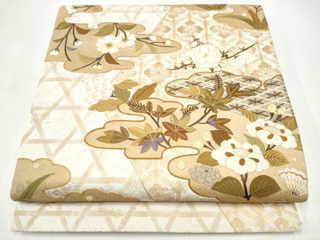 平和屋着物●太鼓柄袋帯 雲取り草花文 金糸 正絹 逸品 CABI8984hy
