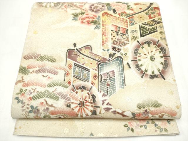 平和屋着物●六通柄袋帯 綴れ 御所車松竹梅 金彩 正絹 逸品 CABI8998hy
