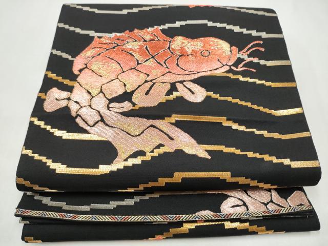 平和屋着物●六通柄 本袋帯 荒磯 黒地 金銀糸 正絹 逸品 CABI9018hy