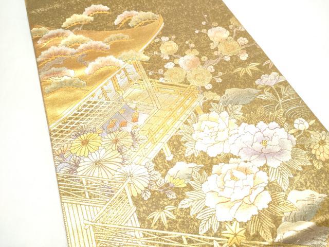 平和屋着物●金彩友禅 卓越技能者・名工・和田光正 太鼓柄袋帯 松竹梅風景花文 金銀彩 正絹 逸品 CABI9056hy