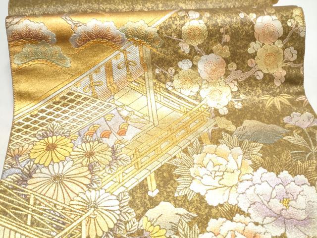 平和屋着物●金彩友禅 卓越技能者・名工・和田光正 太鼓柄袋帯 松竹梅風景花文 金銀彩 正絹 逸品 CABI9056hy