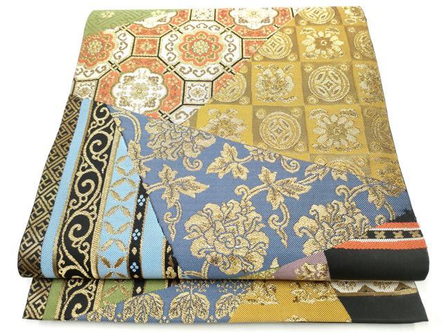 平和屋着物●全通柄 本袋帯 裂取名物裂類集 黒地 金糸 正絹 逸品 CABI9078hy