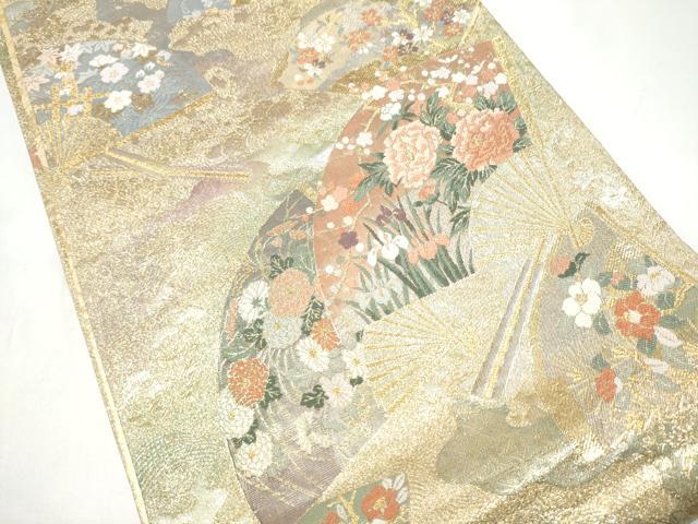 平和屋着物●両面 両方向 全通柄袋帯 扇桧四季草花文 六歌仙色紙文 金糸 正絹 逸品 CABI9080hy