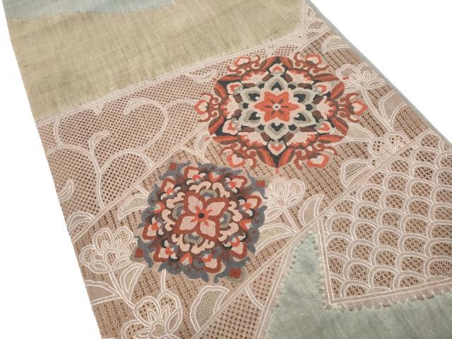 平和屋着物●中国三大刺繍 スワトウ刺繍 総刺繍 太鼓柄袋帯 紬地 正倉院花文 正絹 逸品 CABI9084hy