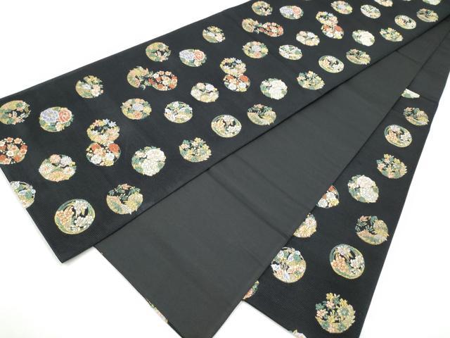 平和屋着物●西陣の老舗 1782年創業 山下織物 六通柄袋帯 唐織 草花丸文 黒地 金通し地 正絹 逸品 CABI9086hy