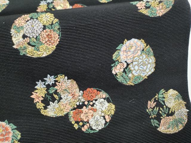 平和屋着物●西陣の老舗 1782年創業 山下織物 六通柄袋帯 唐織 草花丸文 黒地 金通し地 正絹 逸品 CABI9086hy