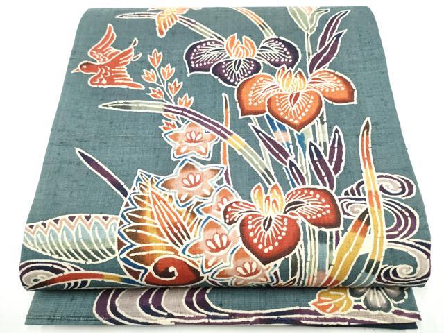 平和屋着物●太鼓柄袋帯 型染め 生紬 型染め 花鳥文 正絹 逸品 CABI9096hy