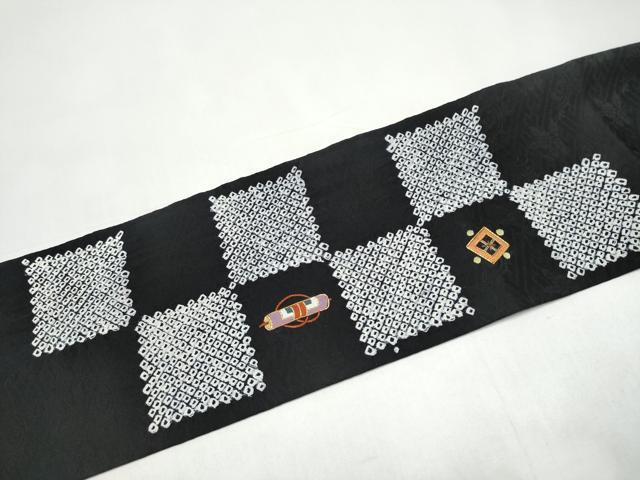 平和屋着物●九寸名古屋帯 絞り 総刺繍 駒刺繍 市松宝尽くし文 黒地 正絹 逸品 CABI9115hy