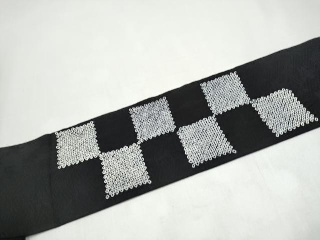 平和屋着物●九寸名古屋帯 絞り 総刺繍 駒刺繍 市松宝尽くし文 黒地 正絹 逸品 CABI9115hy