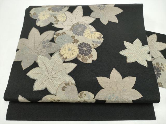 平和屋着物●九寸名古屋帯 草花文 黒地 鬼しぼ縮緬 正絹 逸品 CABI9118hy