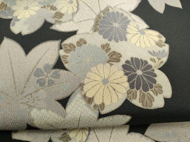 平和屋着物●九寸名古屋帯 草花文 黒地 鬼しぼ縮緬 正絹 逸品 CABI9118hy
