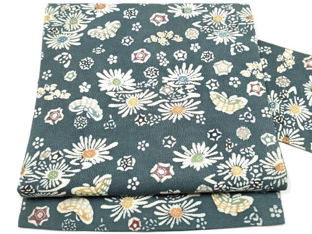 平和屋着物●九寸名古屋帯 型染め 花蝶文 正絹 逸品 CABI9124hy