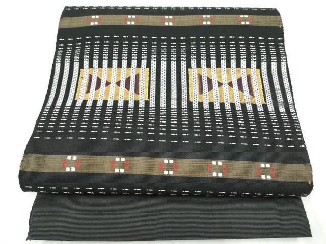 平和屋着物●八寸名古屋帯 花織 幾何学文様 黒地 正絹 逸品 CABI9126hy