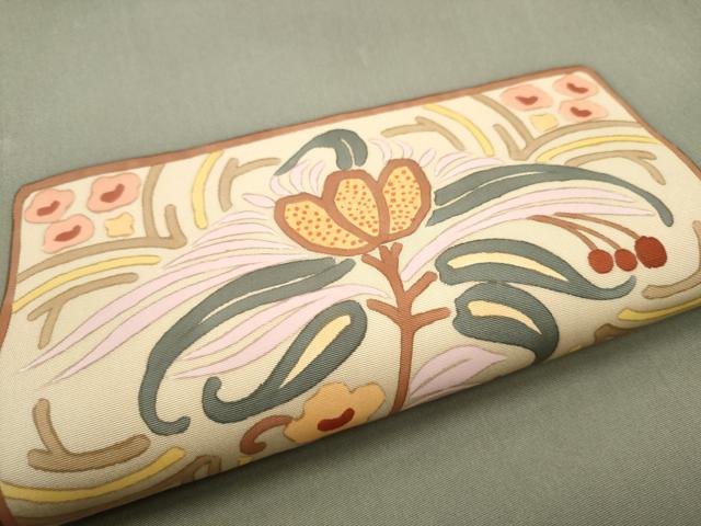 平和屋着物●塩瀬 九寸名古屋帯 ろうけつ染 枝花文 正絹 逸品 CABI9130hy