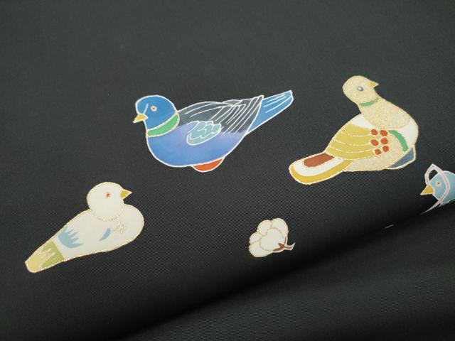 平和屋着物●塩瀬 九寸名古屋帯 鴛鴦梅文 黒地 金彩 正絹 逸品 CABI9138hy