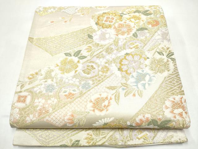 平和屋着物●六通柄袋帯 熨斗草花文 金糸 正絹 逸品 CABI9158hy