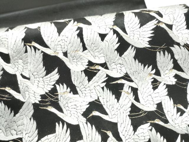 平和屋着物●太鼓柄袋帯 総刺繍 千羽鶴 黒地 金糸 正絹 逸品 CABI9161hy