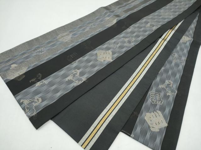 平和屋着物●両面 全通柄袋帯 馬 黒地 金糸 正絹 逸品 CABI9164hy