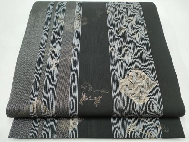 平和屋着物●両面 全通柄袋帯 馬 黒地 金糸 正絹 逸品 CABI9164hy