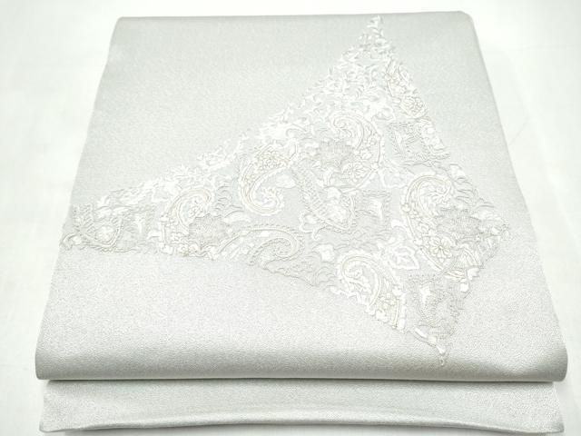 平和屋着物●太鼓柄袋帯 総刺繍 花唐草文 銀通し地 正絹 逸品 CABI9165hy