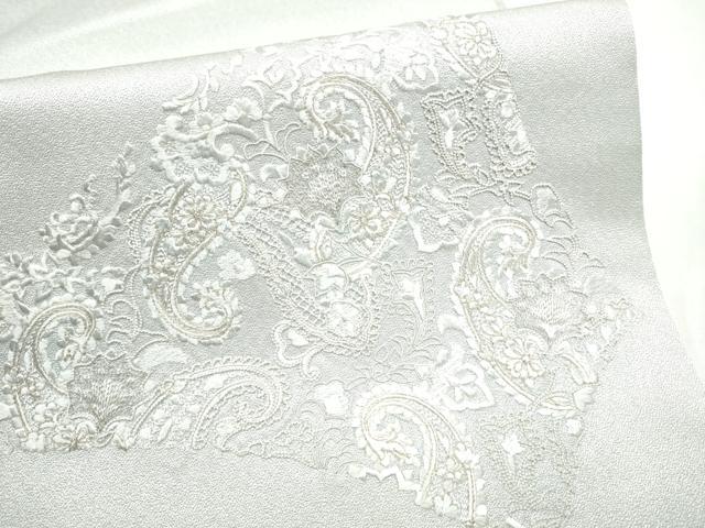 平和屋着物●太鼓柄袋帯 総刺繍 花唐草文 銀通し地 正絹 逸品 CABI9165hy