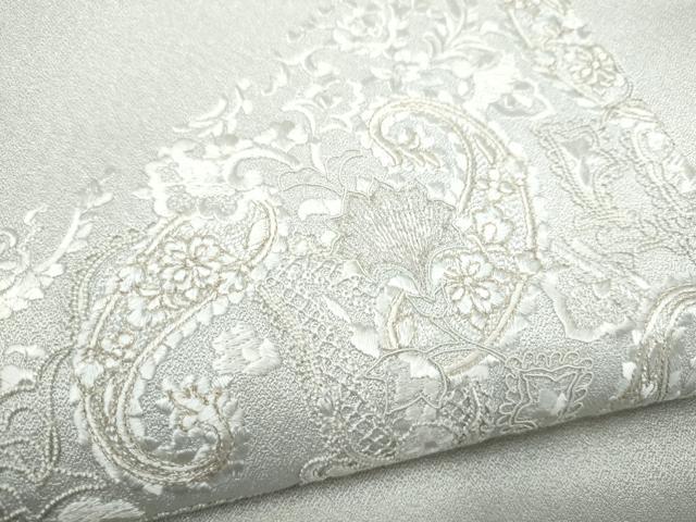 平和屋着物●太鼓柄袋帯 総刺繍 花唐草文 銀通し地 正絹 逸品 CABI9165hy