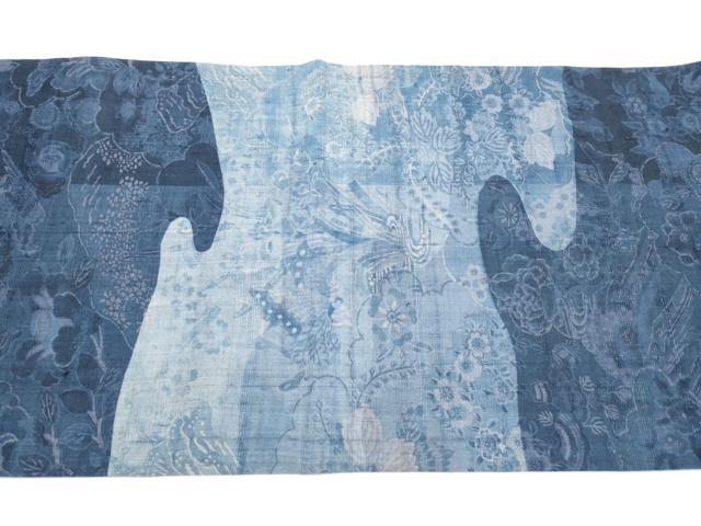 平和屋着物●太鼓柄袋帯 生紬 藍 草花文 正絹 逸品 CABI9175hy