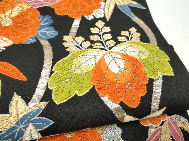 平和屋着物●六通柄 本袋帯 唐織 立涌草花文 黒地 金銀糸 正絹 逸品 CABI9185hy