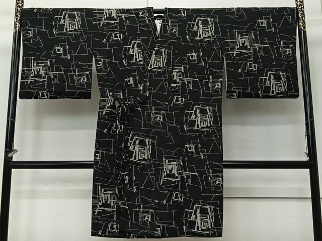 平和屋着物∞道中着 お召地 幾何学文 黒地 ロング丈 正絹 逸品 CABI9275ua