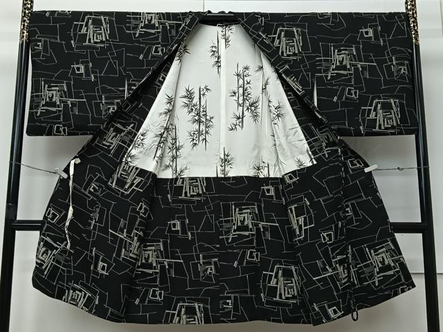 平和屋着物∞道中着 お召地 幾何学文 黒地 ロング丈 正絹 逸品 CABI9275ua